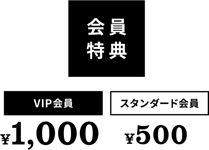 会員特典 VIP会員 1,000円 スタンダード会員 500円