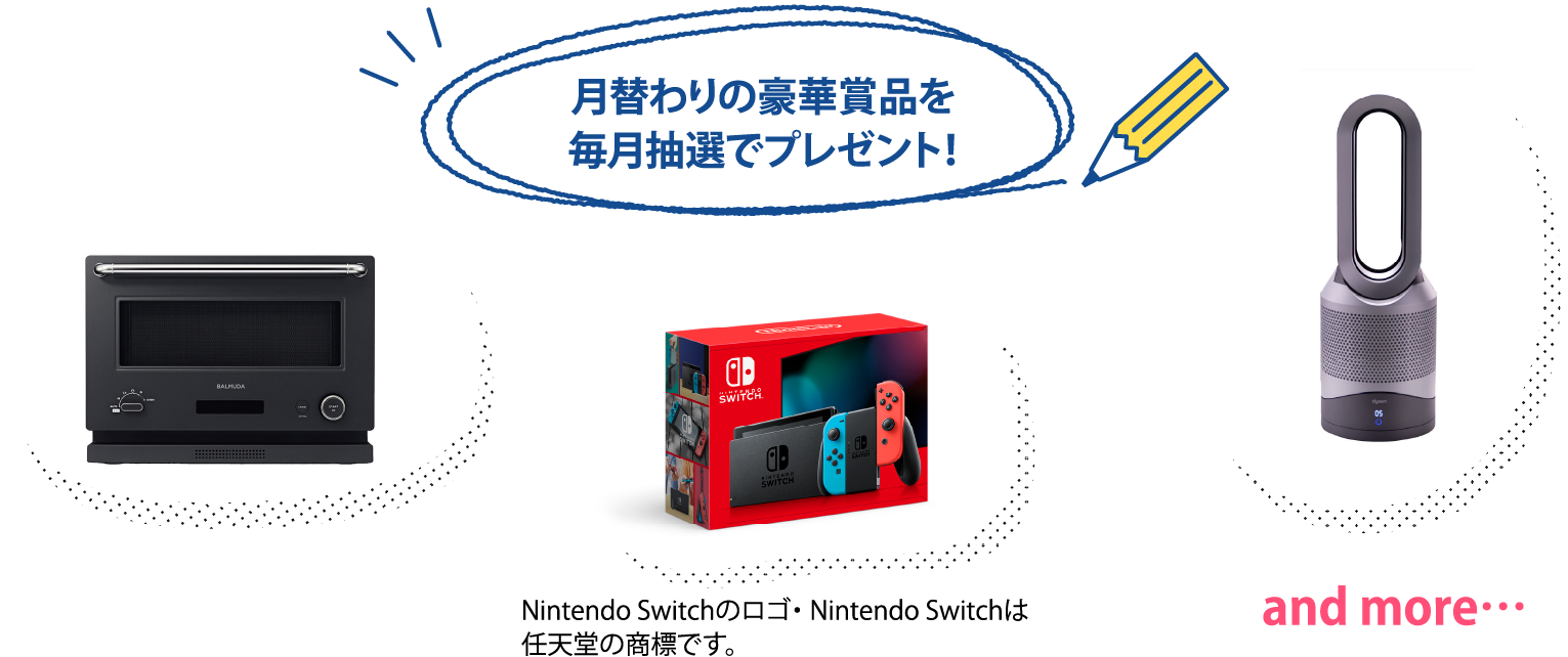 月替わりの豪華賞品を毎月抽選でプレゼント