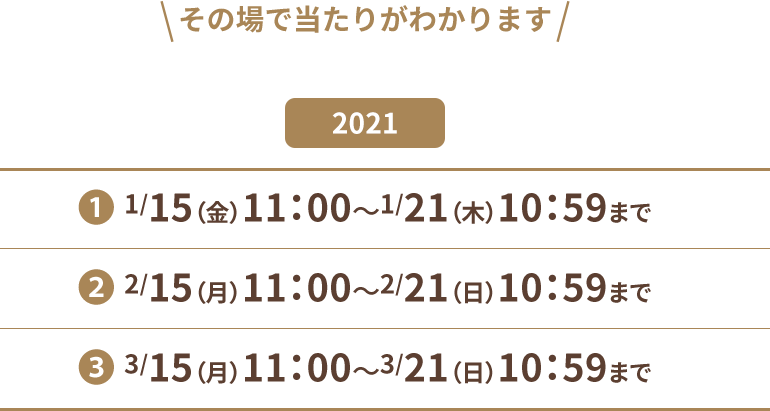 ̏œ肪킩܂ 2021 @1/15()11:00`1/21()10:59܂ A2/15()11:00`2/21()10:59܂ B3/15()11:00`3/21()10:59܂